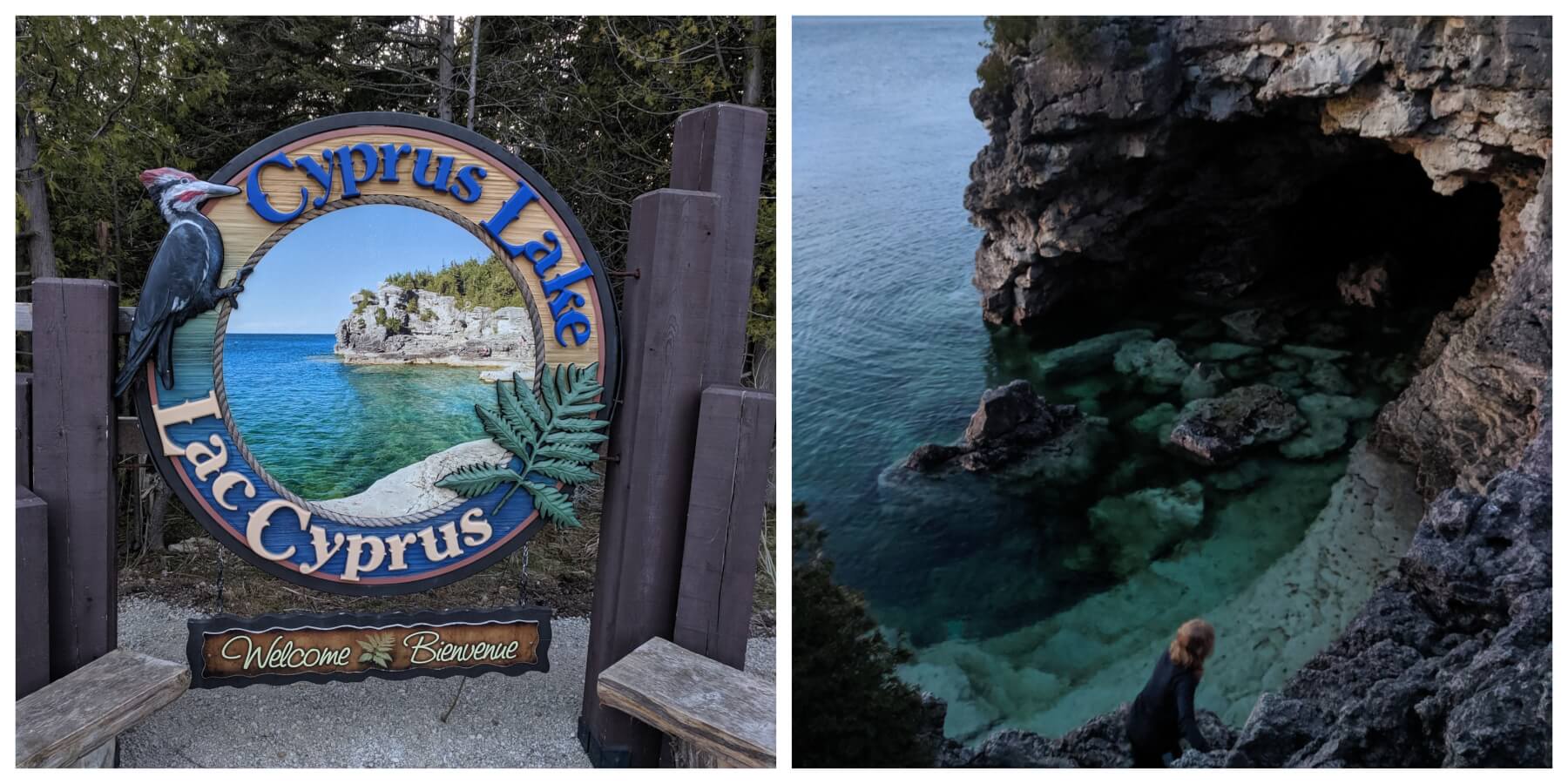 A girl climbing down in the grotto of Lake Cyprus and a photo of the Lake Cyprus sign.