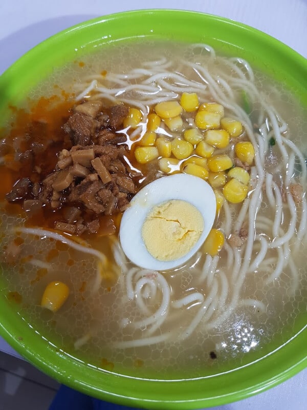 ramen soup in Zhengzhou: noodles, egg, corn and some sort of meat 