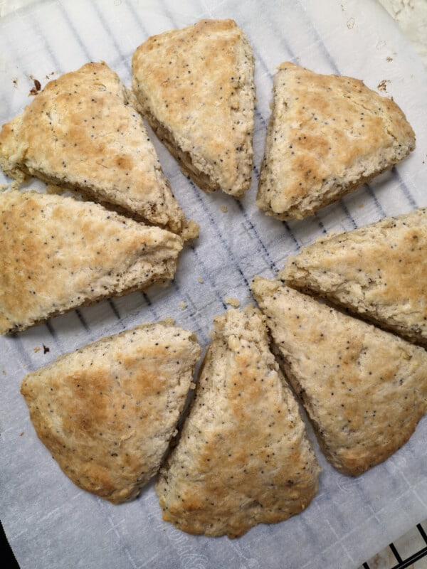 Lemon poppyseed scones sliced and ready to eat!