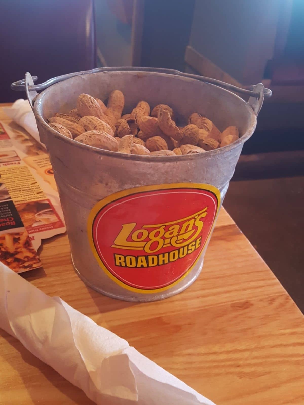 A tin can of peanuts at Logan's Roadhouse in Raleigh, NC.