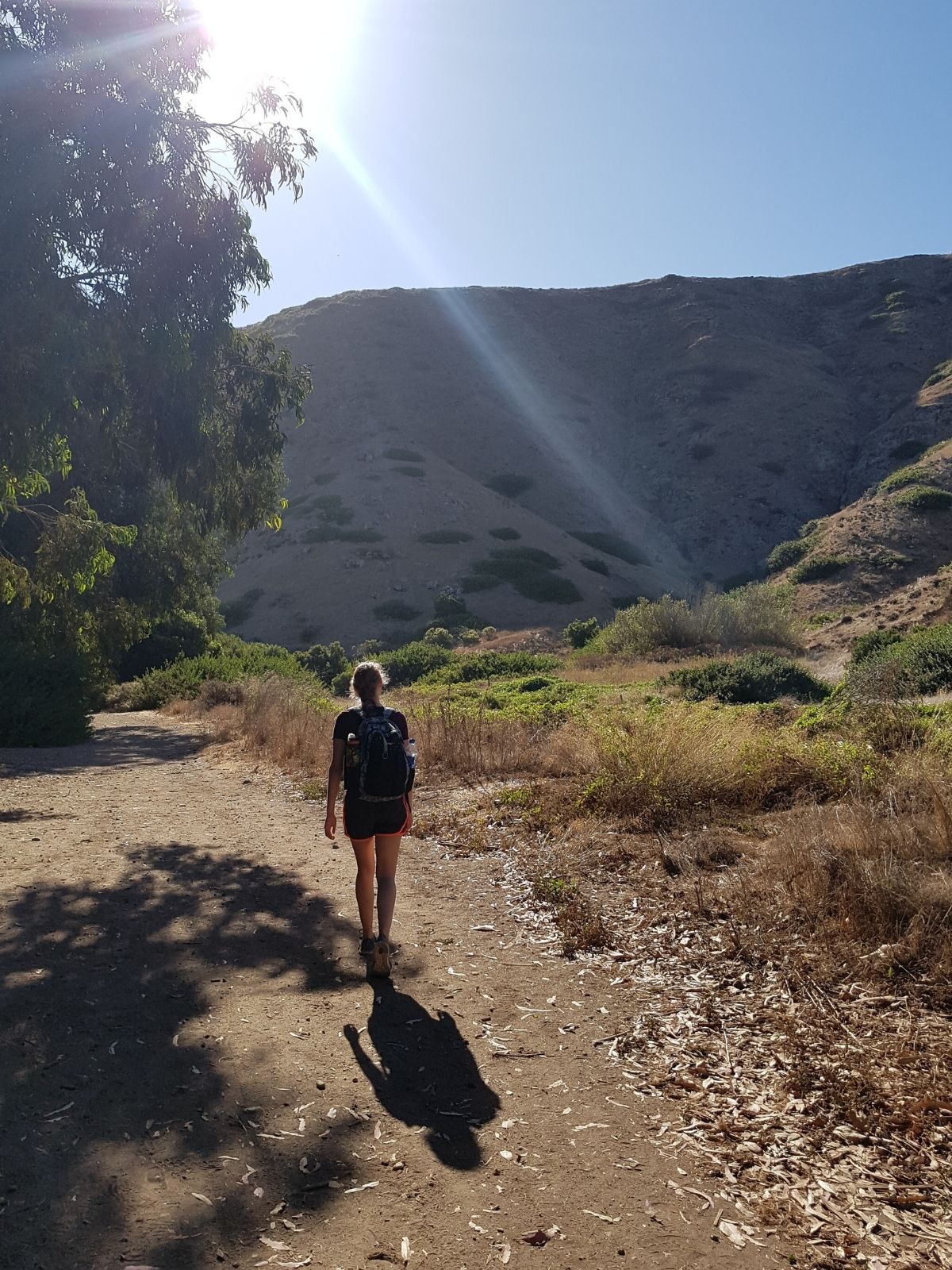 A blond girl walking on a dirt path wearing a backpack. There is a mountain up ahead and grasses and shrubs to the side of the path.