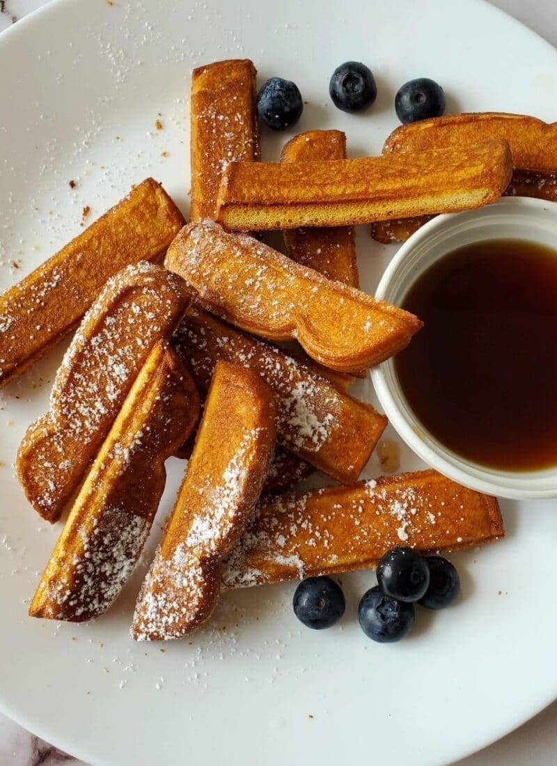A plate of air fryer frozen french toast sticks garnished with blueberries. There is a little dish of syrup on the plate too.