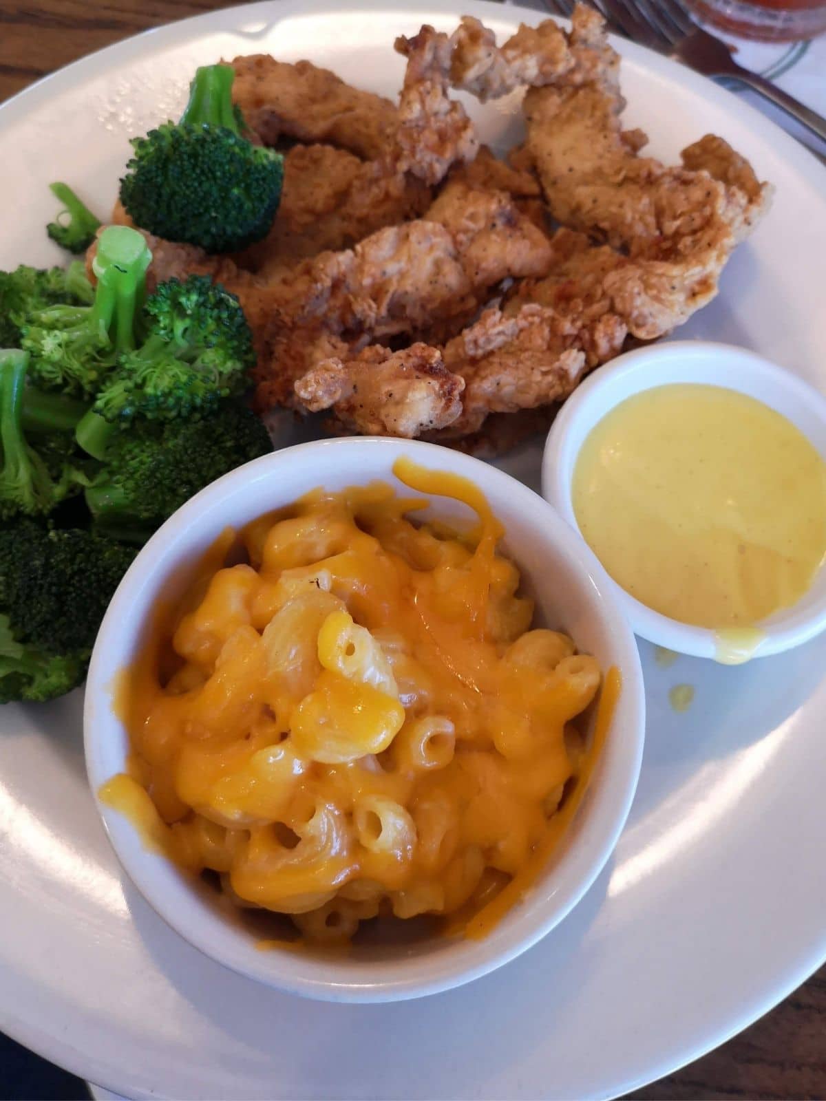A plate of broccoli, chicken fingers, mac and cheese and a little dish of honey mustard dipping sauce.