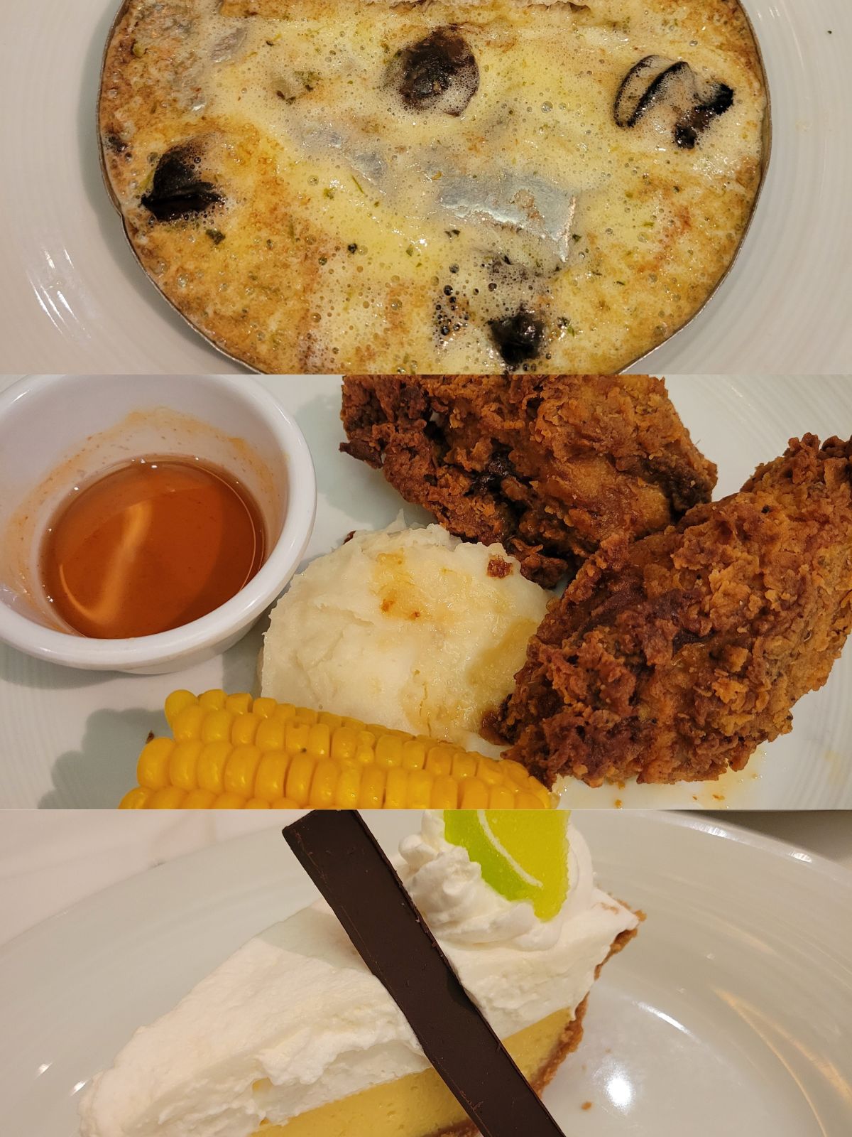 A collage of 3 different photo: a dish of escargot drowning in butter, a plate of fried chicken, mashed potatoes and a corn on the cob, and a slice of key lime pie.