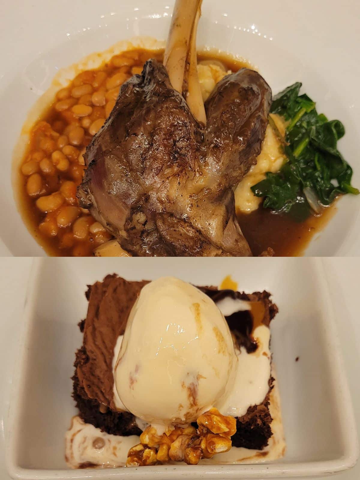Two photos: one is braised lamb on top of mashed potatoes, baked beans, and a side of spinach. 