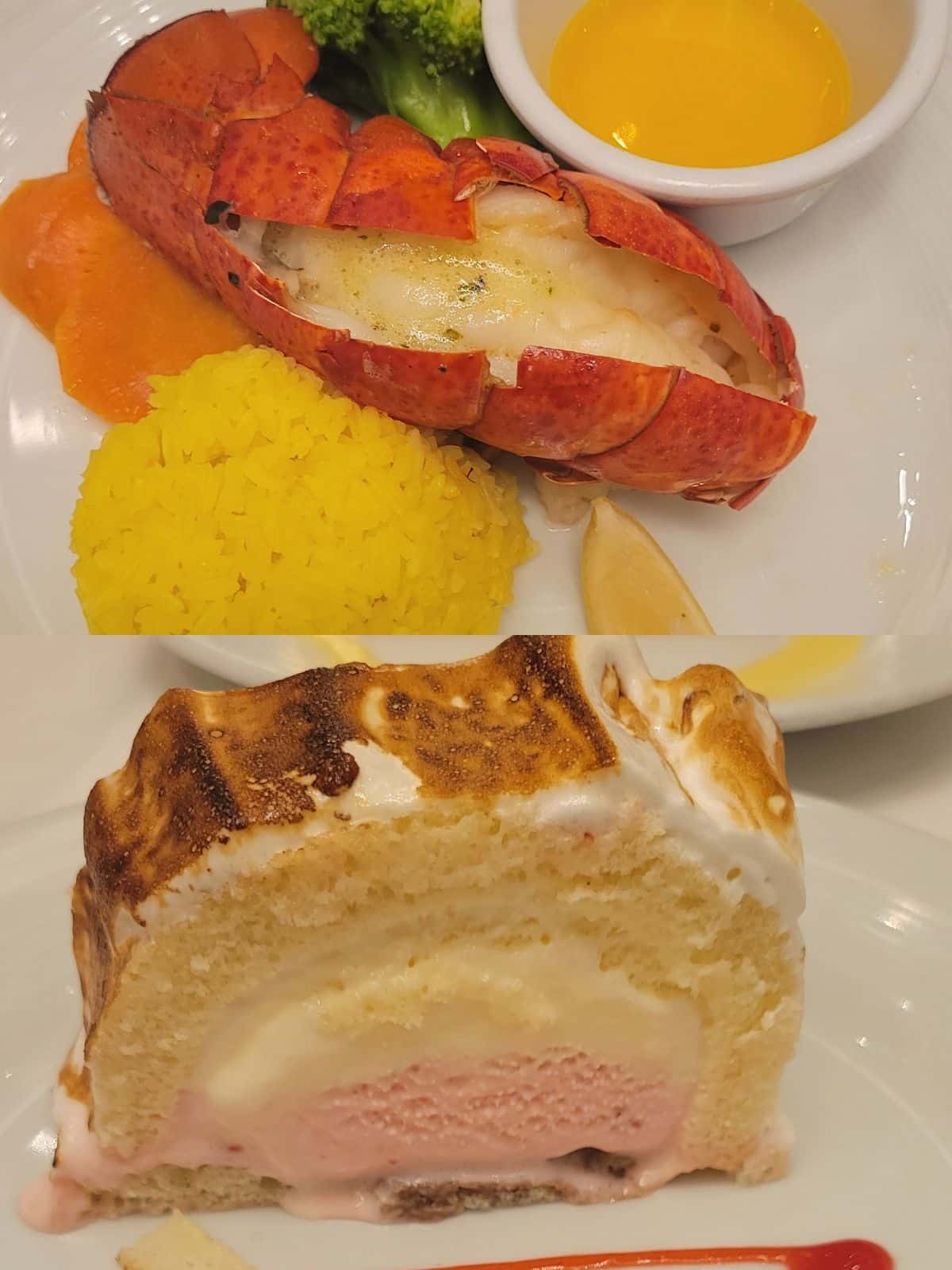 Two photos: Baked Alaska and a plate of a lobster tail, rice, a dish of butter and some veggies. 