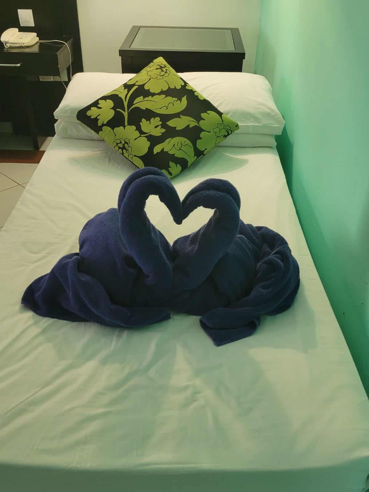 Two towels are shaped together to form two swans touching noses creating a heart shape in the center. 